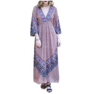 Angie Cinnamon Rust Bohemian Long Sleeve Maxi Dress Flared Sleeves